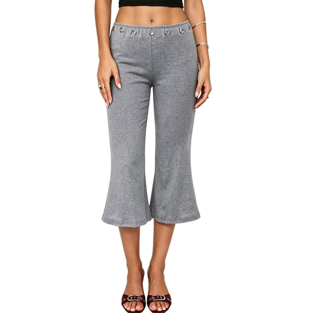 Pantalones capri para mujer, elegantes, con ojales metálicos, cintura elástica y corte acampanado.