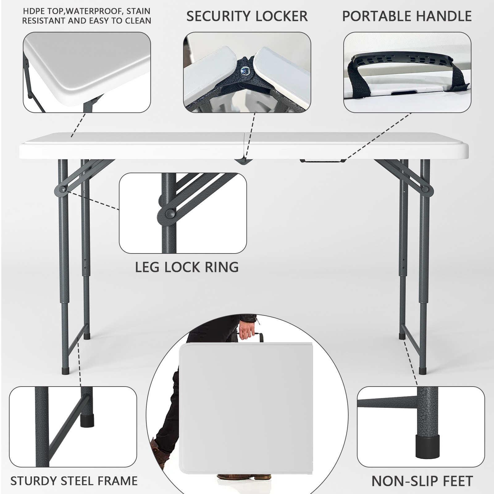 Hommoo 4ft Plastic Folding Table, Indoor Outdoor Heavy Duty Portable w/Handle, Lock for Picnic, Party, Camping, White