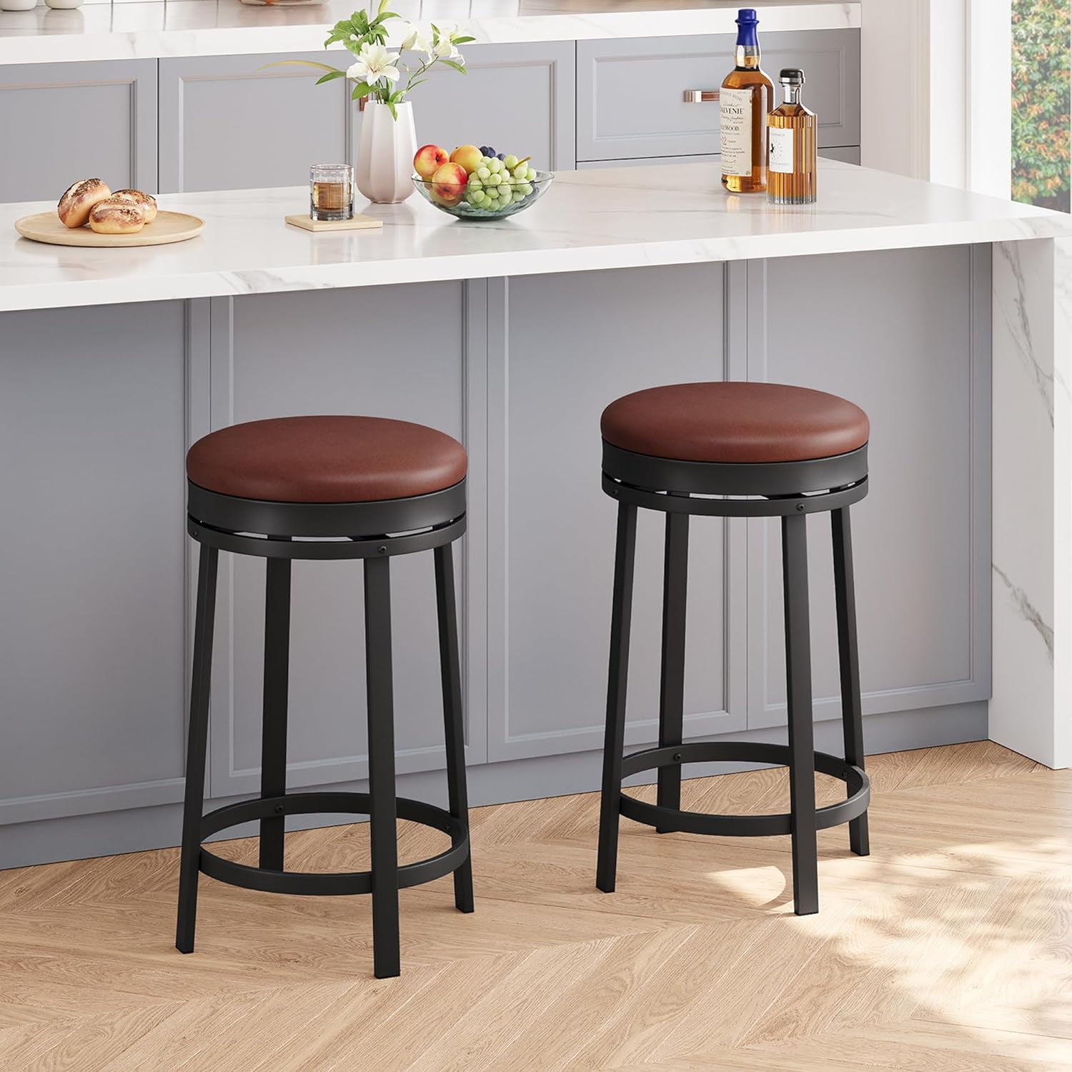 Garvee Set of 4 Swivel Bar Stools, 24" Counter Height Barstools with PU Leather Cushion, Backless Round Kitchen Bar Stools with Footrest, Brown Metal Frame