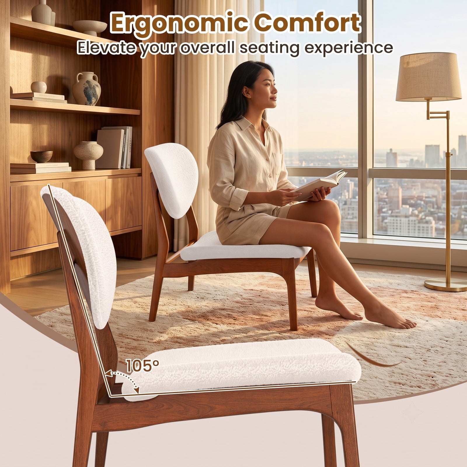 Furnibear Accent Chairs Set of 2 with Side Table, Solid Wood Frame Lamb Velvet Upholstered Club Armchairs, 105 Degree Reclined Backrest Reading, Walnut and Beige