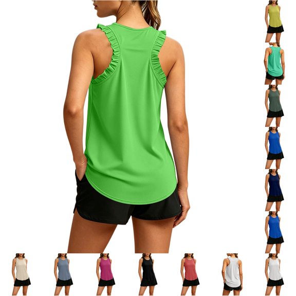 DHFJKG Athletic Workout Tank Tops For Women Sleeveless Ruffle Curved Hem Solid Color Basic Top For Yoga Exercise Tennis