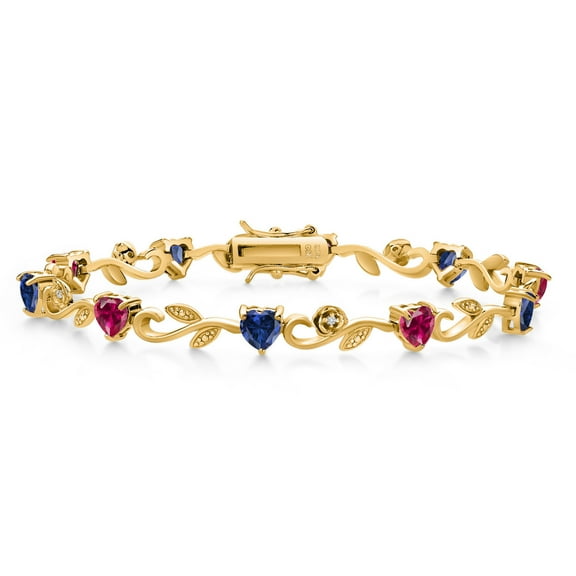Gem Stone King 18K Yellow Gold Plated Silver Heart Shape Red Created Ruby Blue Created Sapphire and Round White Lab Grown Diamond Greek Vine Flower Tennis Bracelet for Women (5.54 Cttw, 7.5 inch)