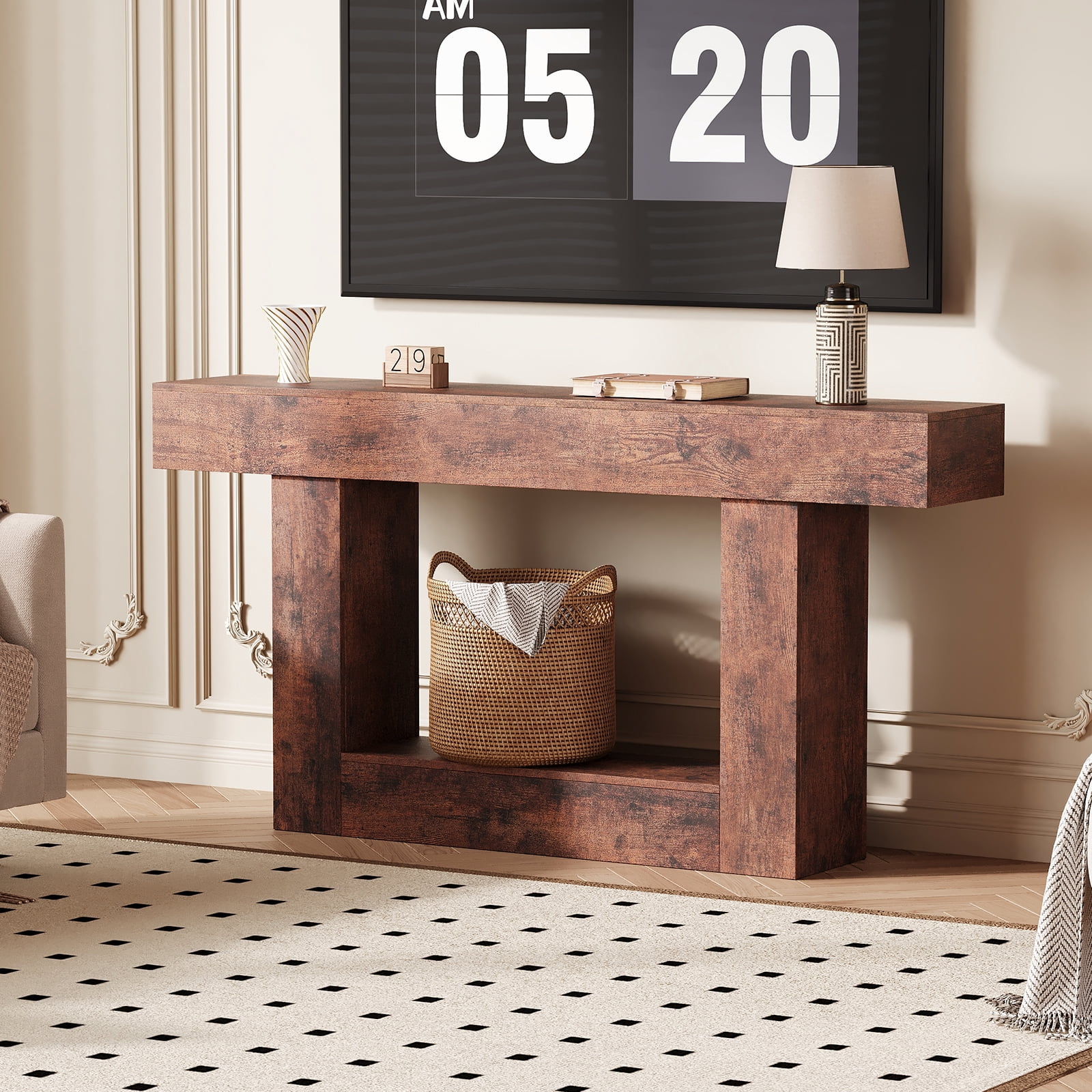 63" Farmhouse Entryway Table with Charging Station, Narrow Console Table with Storage Shelf Slim Sofa Table for Living Room, Brown