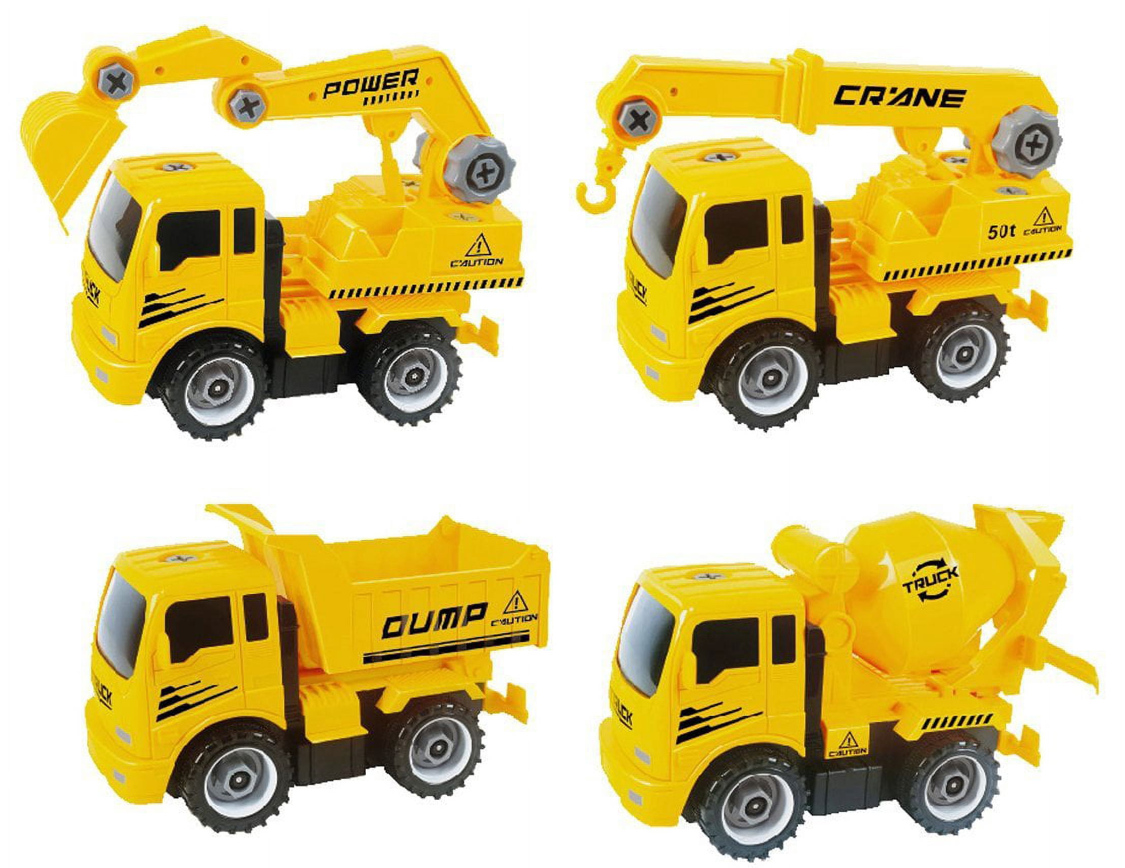 AZ Import AZImport T29A Take A-Part Construction Truck with 4 Different Forms, Dump Truck, Crane, Cement Mixer, Excavator