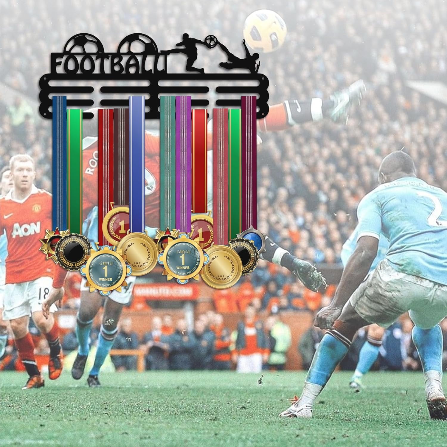 Football Medal Hanger Soccer Medal Holder Ball Medals Display Frame Awards Sports Ribbon Holder Medal Rack Display Rack Wall Mount Tiered Medal Hook DIY