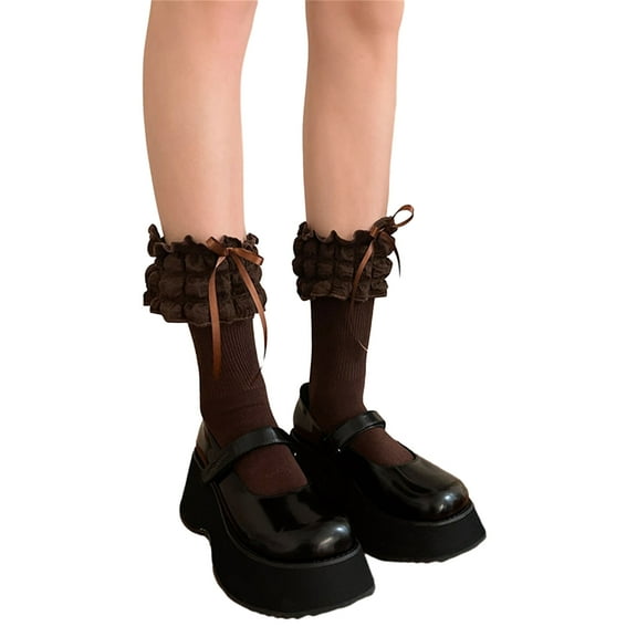 1 Pair Women Ruffle Socks Girl Lace Topped Ankle Socks Frilly Socks with Bowties Cotton Socks Princess Dress Socks