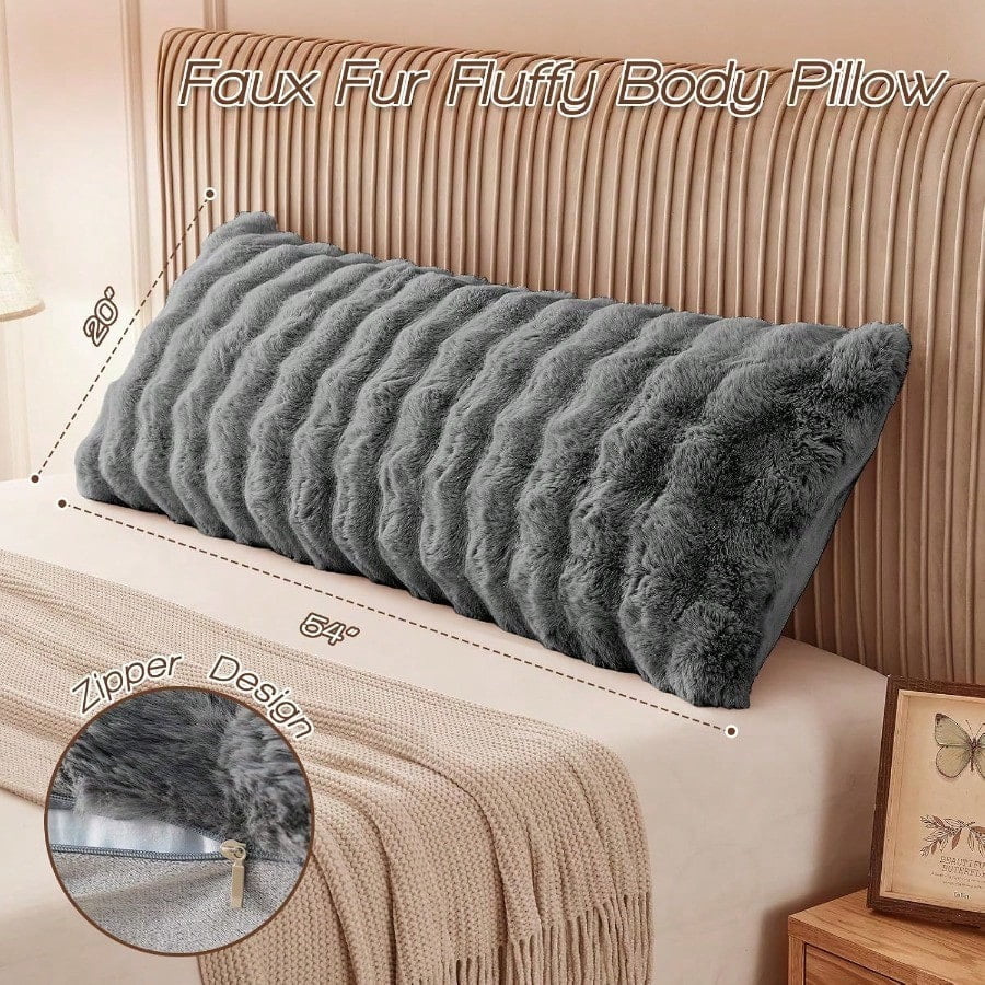 Faux Fur Fluffy Body Pillow for Adults - Firm Body Pillow Insert with Shredded Blue Memory Foam Adjustable Height Soft port for Side Sleepers Pregnant Women Washable 20x54 Inch Grey