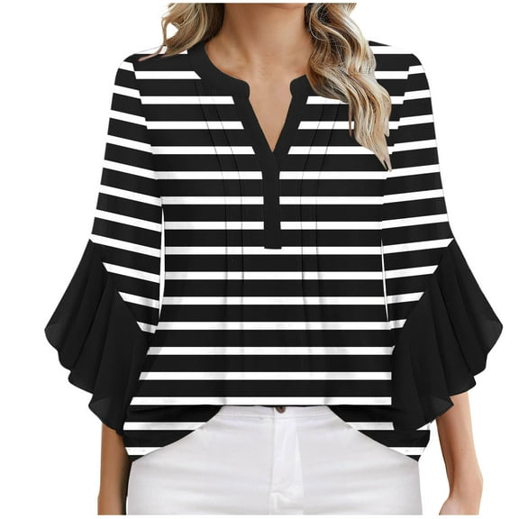 Plus Size Tops V Neck Dressy Casual Blouses 3/4 Length Sleeve Summer Tops Stripe/Plain Work Tunic Trendy Business Office Ruffle Shirts