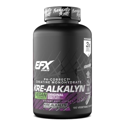 EFX Sports Kre-Alkalyn EFX | pH Correct Creatine Monohydrate Pill Supplement | Vegan Friendly | Strength & Muscle Growth | 90 Servings, 180 Veggie Capsules