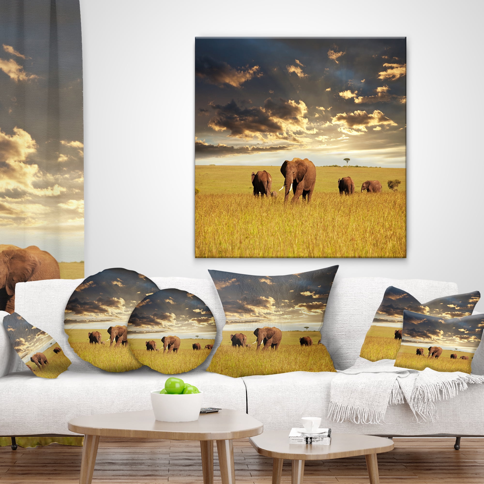 Designart Group of Elephants in Africa - African Throw Pillow - 18x18