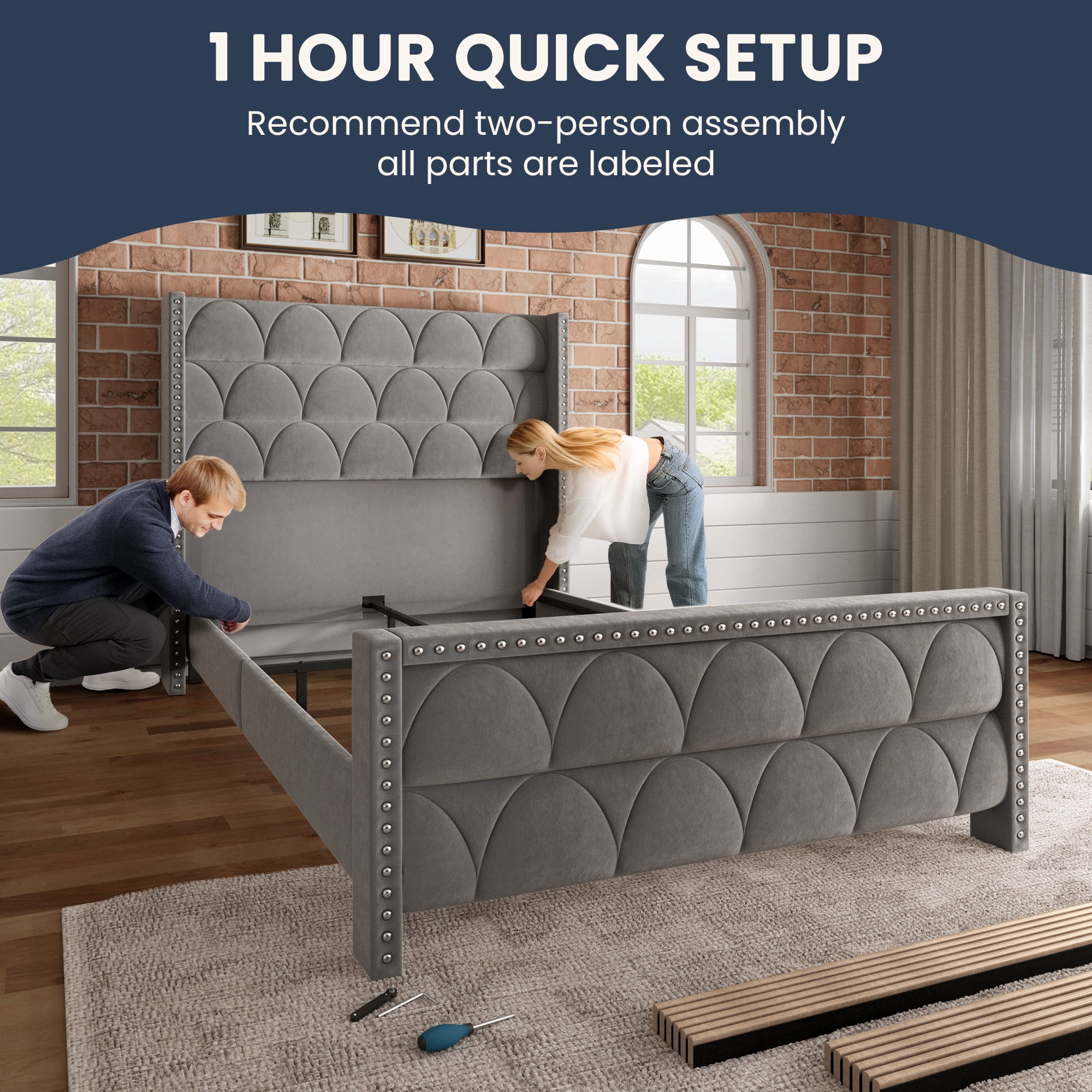 BrooveWave 56.3 in H Velvet Upholstered and Wingback Headboard Standard Bed Frame, Queen Beds with Nailhead Trim
