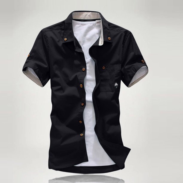 ICHUANYI Clearance Mens Casual Short Sleeve Solid Cardigan Stand Collar T-Shirt Blouse Tops(Black, XL) Ichuanyi Ichuanyi