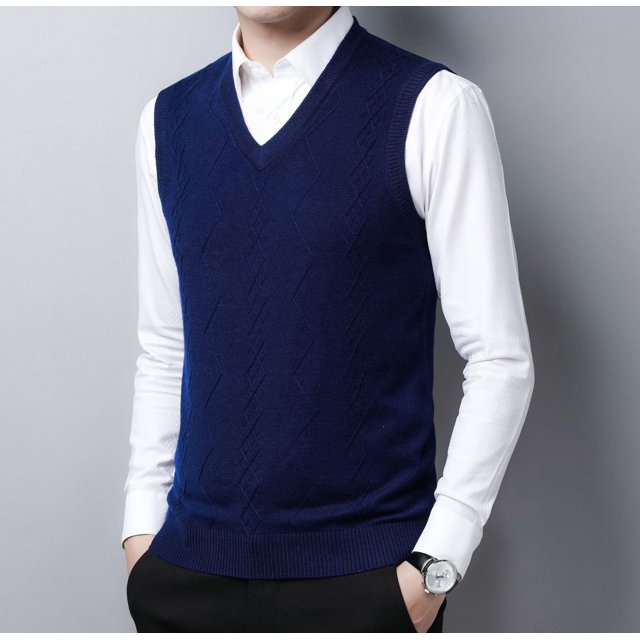 Suéter para hombre, juvenil, informal, holgado, con cuello en V, de lana, color liso, cálido