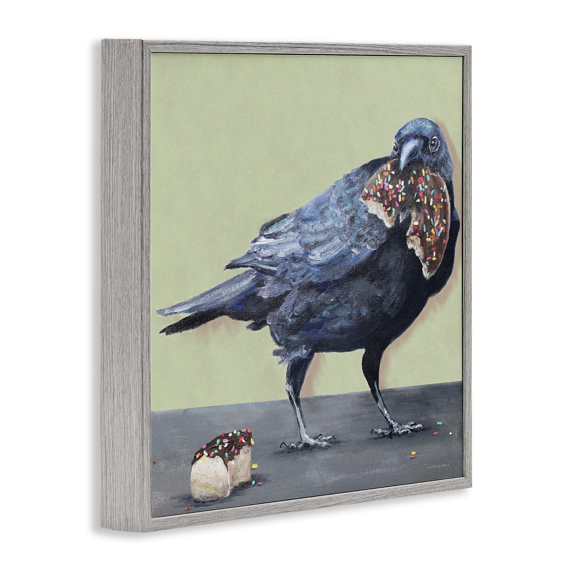 Stupell Industries Crow Eating Donut Food & Beverage Painting Gray Framed Art Print Wall Art, 12 x 12