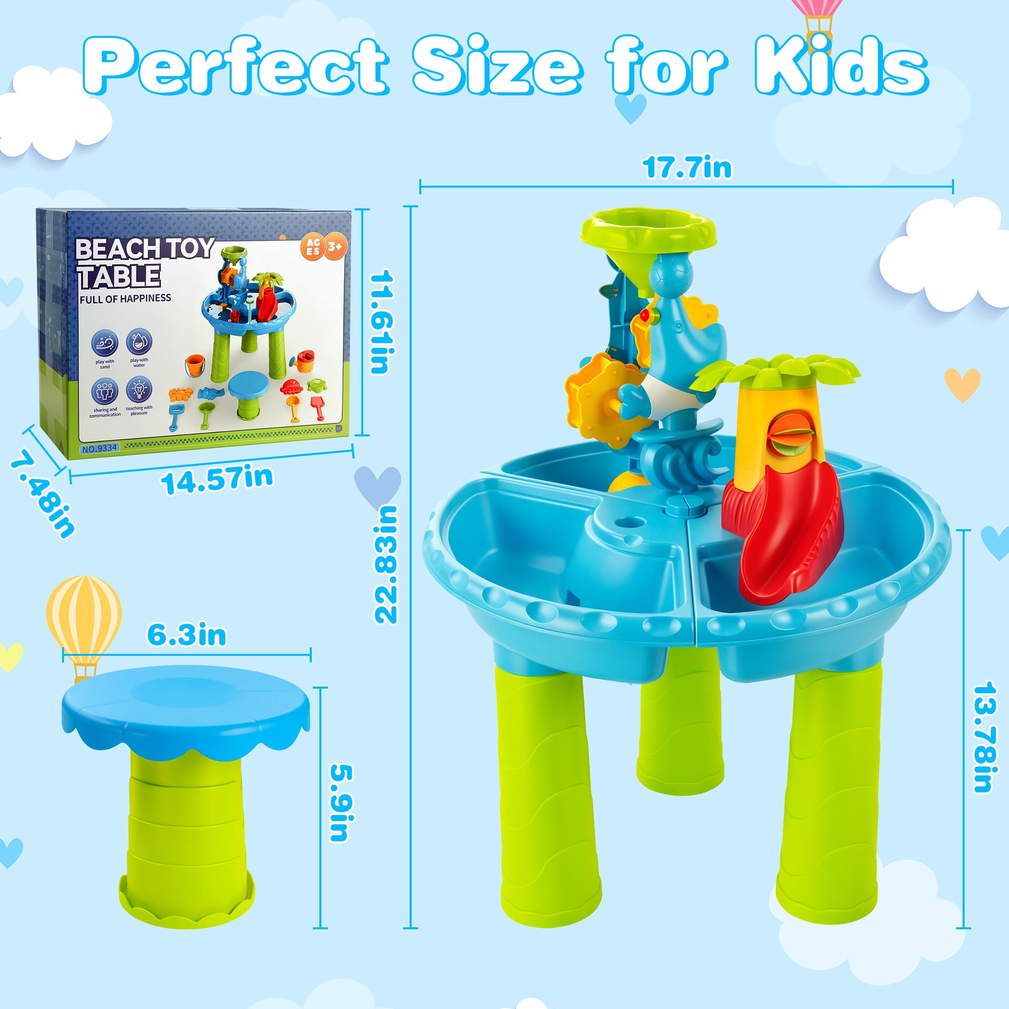 FVLOENG Sand and Water Table for Toddlers 1-3 with Stool, Kids Sensory Activity Table for Water, Sand & Snow Play, Outdoor Backyard Beach Toy, Blue