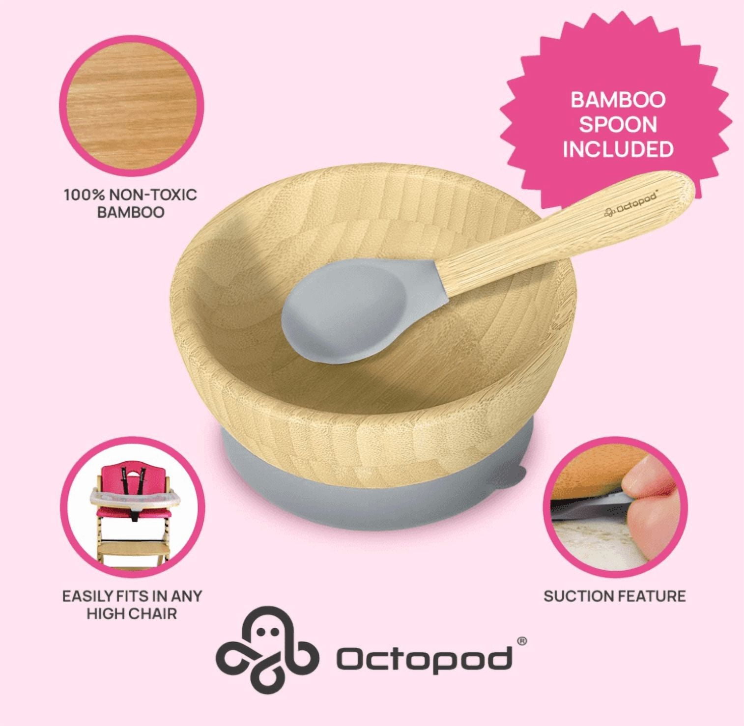 Abiie Octopod Bamboo Suction Bowl -  Baby Bowl with Suction for 4 months and up, High-Chair Bamboo Baby Plate, Mess-Free Toddler Suction Plates, Ergonomic Baby Feeding Supplies - (Grey)