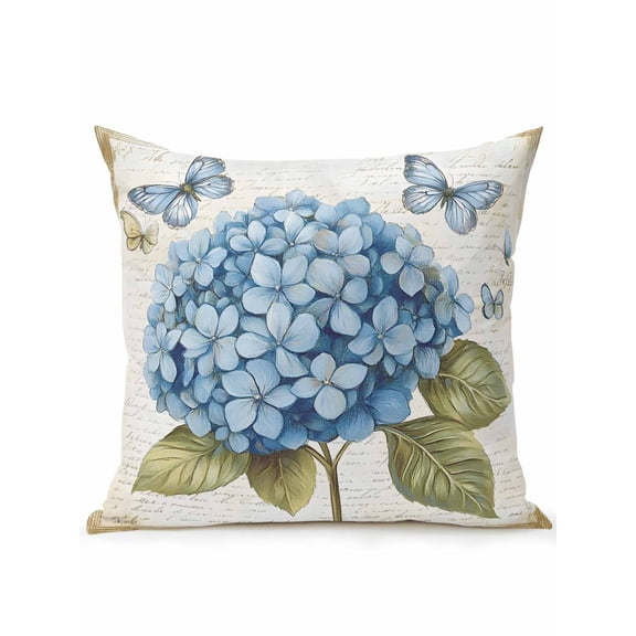Waterproof Outdoor Throw Pillows with Inserts 18"x18", Blue Hydrangea Soft Decorative Pillowcases for Couch Bedroom, Spring Vintage Botanical Butterfly Pillow Covers for Sofa Living Room