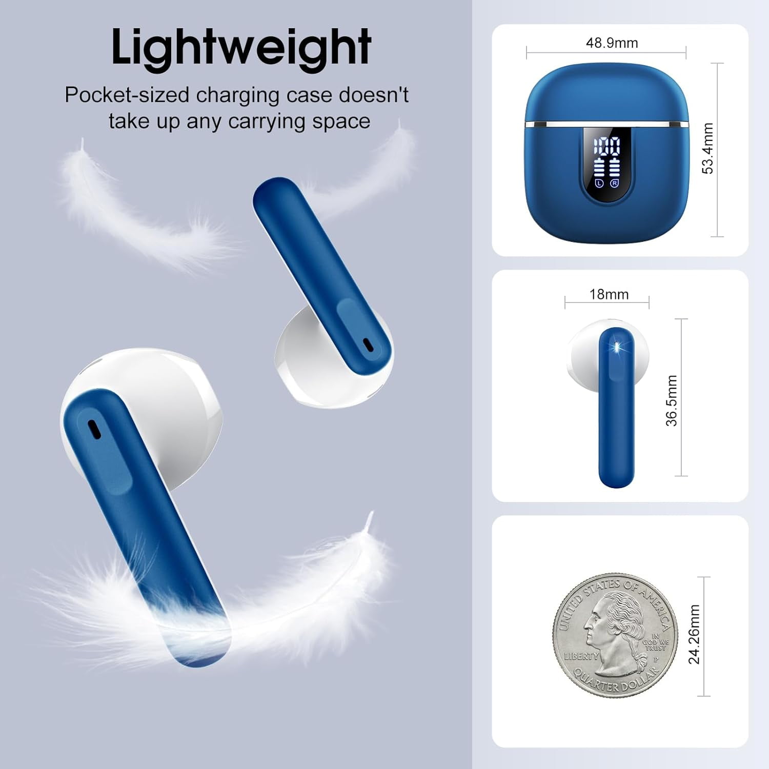Wireless Earbuds, Bluetooth Ear Buds 5.4 Mini HiFi Stereo with 4 ENC Noise Cancelling Mics Wireless Headphones, 40H in Ear Earphones, USB C, IP7 Waterproof Bluetooth Headphones for Sports, Blue