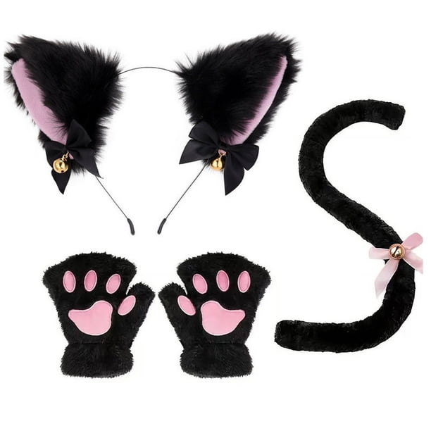 Lindos accesorios de cosplay de gato de dibujos animados, aro para el pelo con orejas de gato, guantes con garras de gato, accesorios de cola de gato, lindo conjunto, fácil de usar, estilo