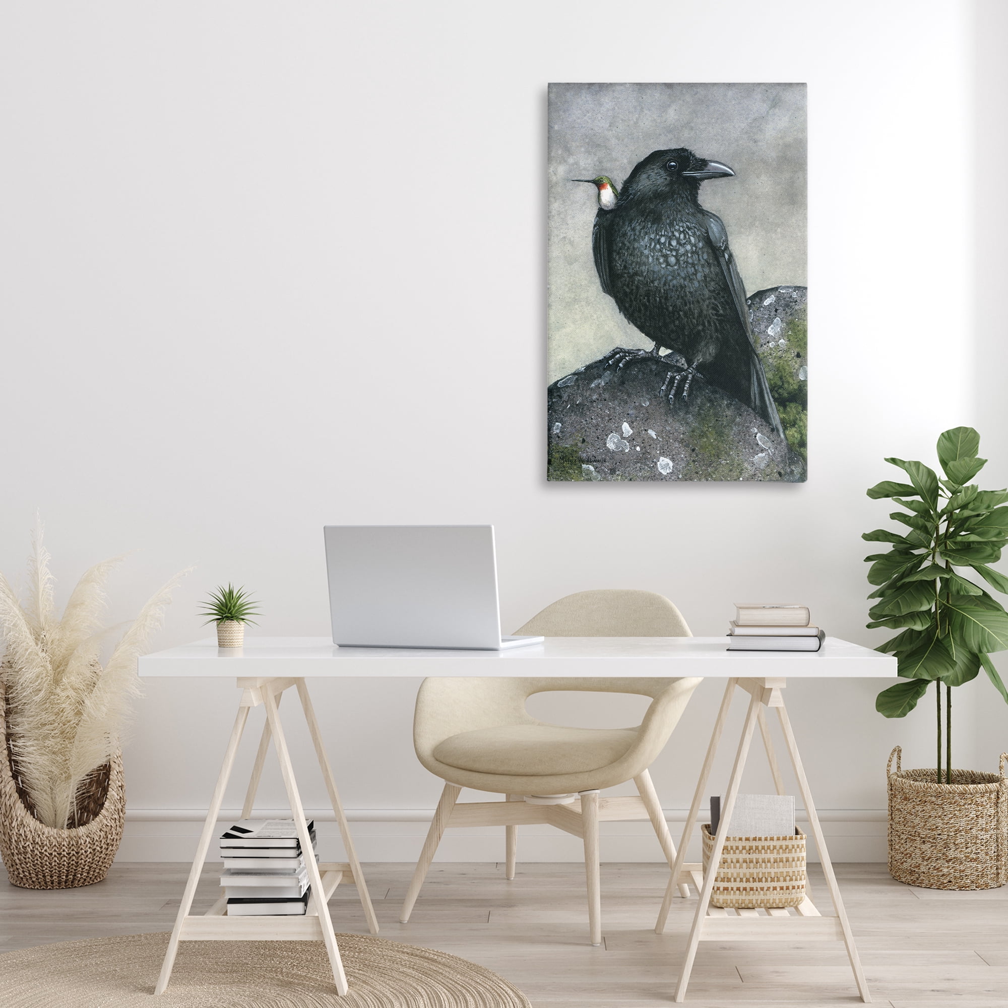 Stupell Industries Crow & Hummingbird Perched Animals & Insects Painting Gallery Wrapped Canvas Art Print Wall Art, 24 x 36