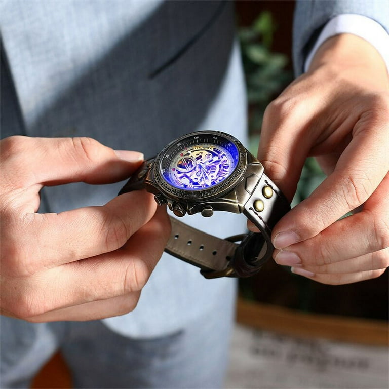Retro Bronze Mechanical Watch Men Vintage Leather Strap Skeleton Steampunk Watches Self Wind Automatic Wristwatch Mens Mechanical Wristwatches