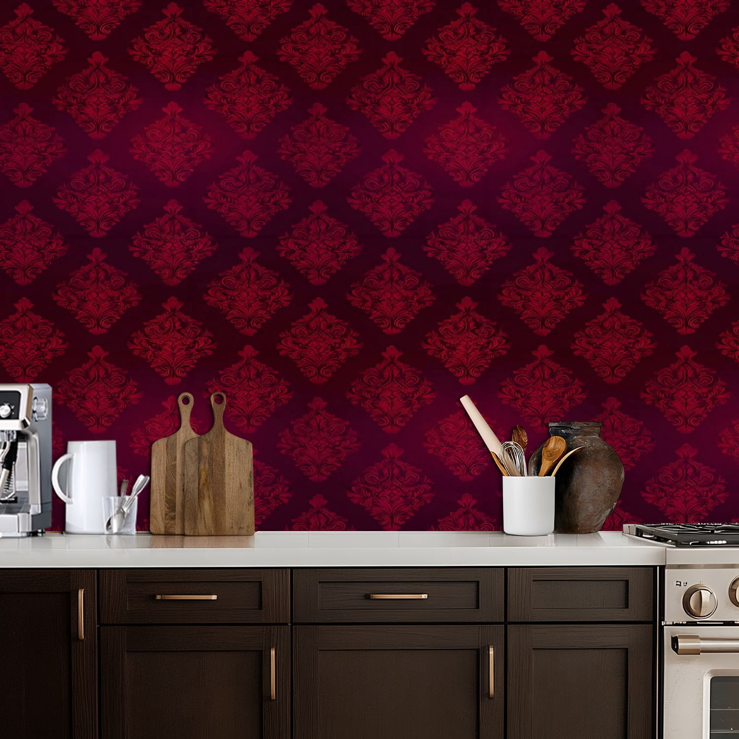 Peel and Stick Wallpaper Damask Ornamental Deep Red Burgundy Elegant Baroque Wall Mural 17.7in x 9.8ft Self Adhesive Removable Wall Paper Renter Friendly Wallpaper for Nursery Bedroom Cabinets