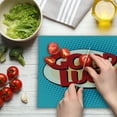thumbnail image 3 of Going Away Party Cutting Board, Comic Book Pop Art Style Retro Speech Balloon Luck Text, Decorative Tempered Glass Cutting and Serving Board, Large Size, Pale Blue Red Yellow, by Ambesonne, 3 of 5