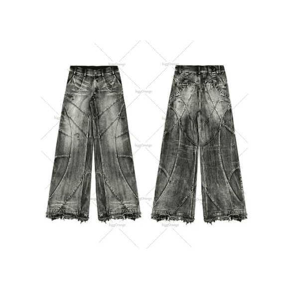New Street Hip-hop Raw Edge Washed High-waisted Jeans Y2k Men Harajuku Retro High Street Oversized Straight Wide-leg Pants Women JIANGLANG