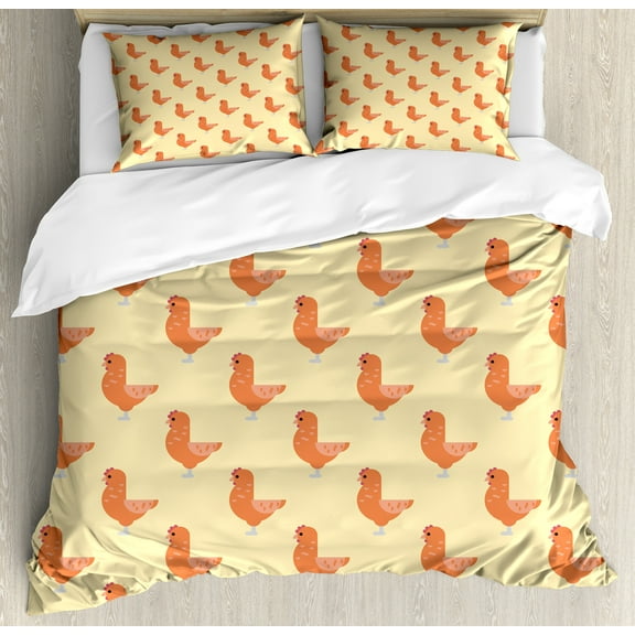 Ambesonne Chicken Duvet Cover Set, Domestic Animal Symmetry, King, Yellow Salmon