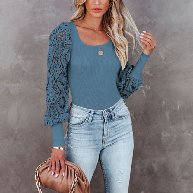 Women Elegant Fashion Lace Patchwork Hollow Out Lantern Sleeve Pullover Slim Top