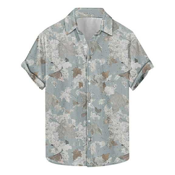 Idoravan Mens Shirts Short Sleeve T Shirts Summer Clothes for Men Men's Fashion Casual Leaf Print Short Sleeve Lapel Shirt Top