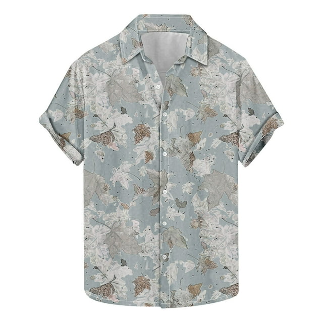 Blusa y camisa de manga corta con cuello vuelto para hombre, camisa informal de moda con estampado de hojas y solapa de manga corta, blusa para hombre