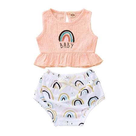 

Toddler Girls Sleeveless Suspenders Tops Summer Rainbow Prints Short Pants Romper Outfits New Born Girl Baby Gift