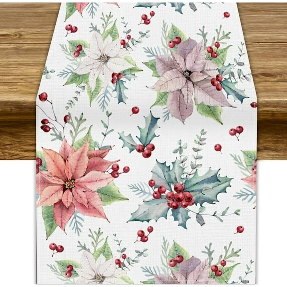 Watercolor Holly Christmas Table Runner, Winter Flower Xmas Seasonal Holiday Dinner Table Decoration for Home Living Room Kitchen Dining 13x108in