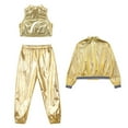 thumbnail image 4 of Alvivi 3Pcs Girls Hip Hop Clothes Set Performance Costumes Metallic Bomber Jacket Crop Top with Pants Set Gold 10, 4 of 5