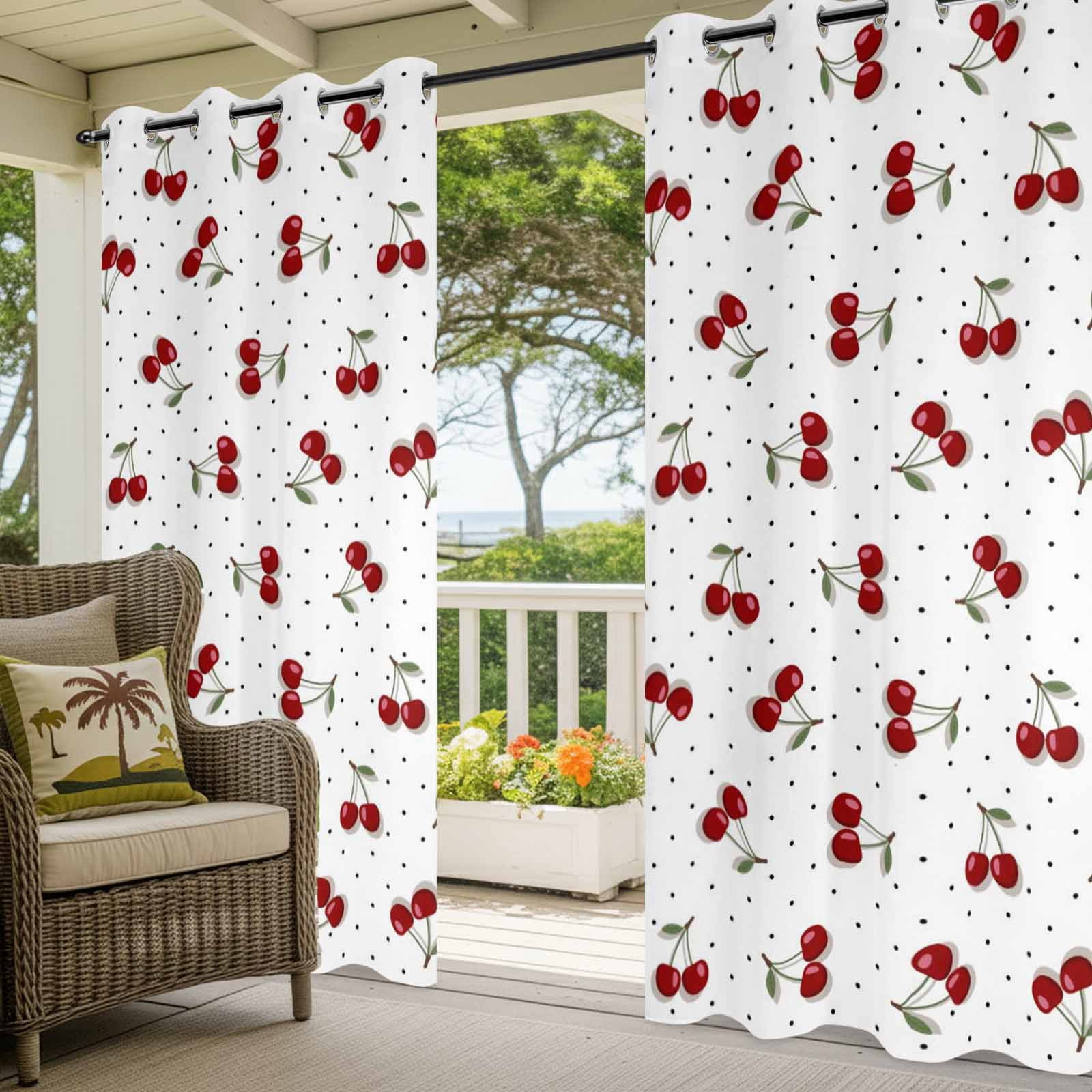 Red Berry Outdoor Curtains for Patio, Cherry Polka Dot Dotted Background Rustic Country Sunshade Privacy Drapes Grommet Waterproof Outside Curtains for Porch/Cabana/Balcony 54"x 108", 1 Panel