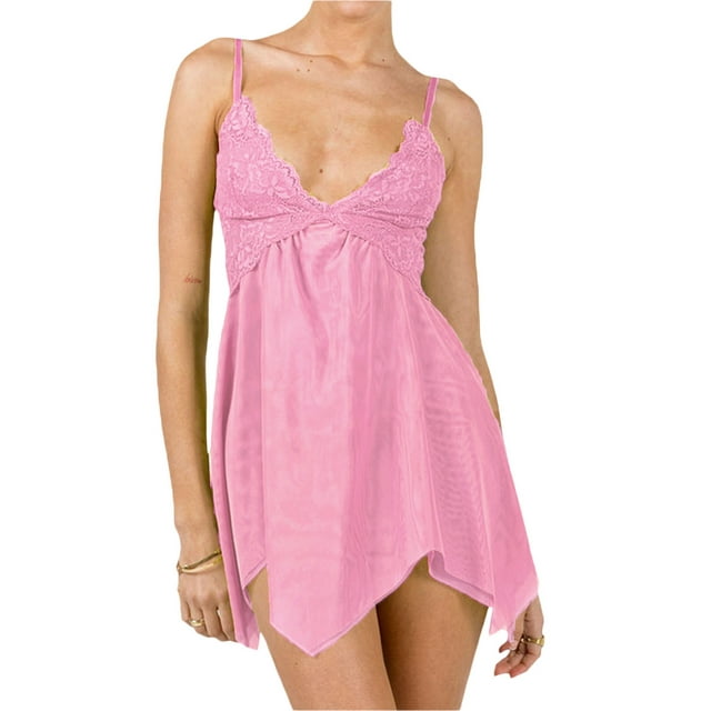 Lucakuins Camisón de encaje para mujer, lencería de malla transparente con cuello en V, sin mangas, ropa de dormir con tirantes, dobladillo Irregular, ropa interior sin espalda Lucakuins moda