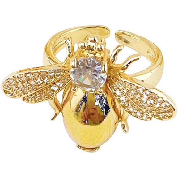 Cute Bee Ring for Women Gold Plated Adjustable Honeybee Rings Dainty Cubic Zirconia Crystal Animal Jewelry Stackable Promise Band Comfort Fit Fashion Wedding Holiday