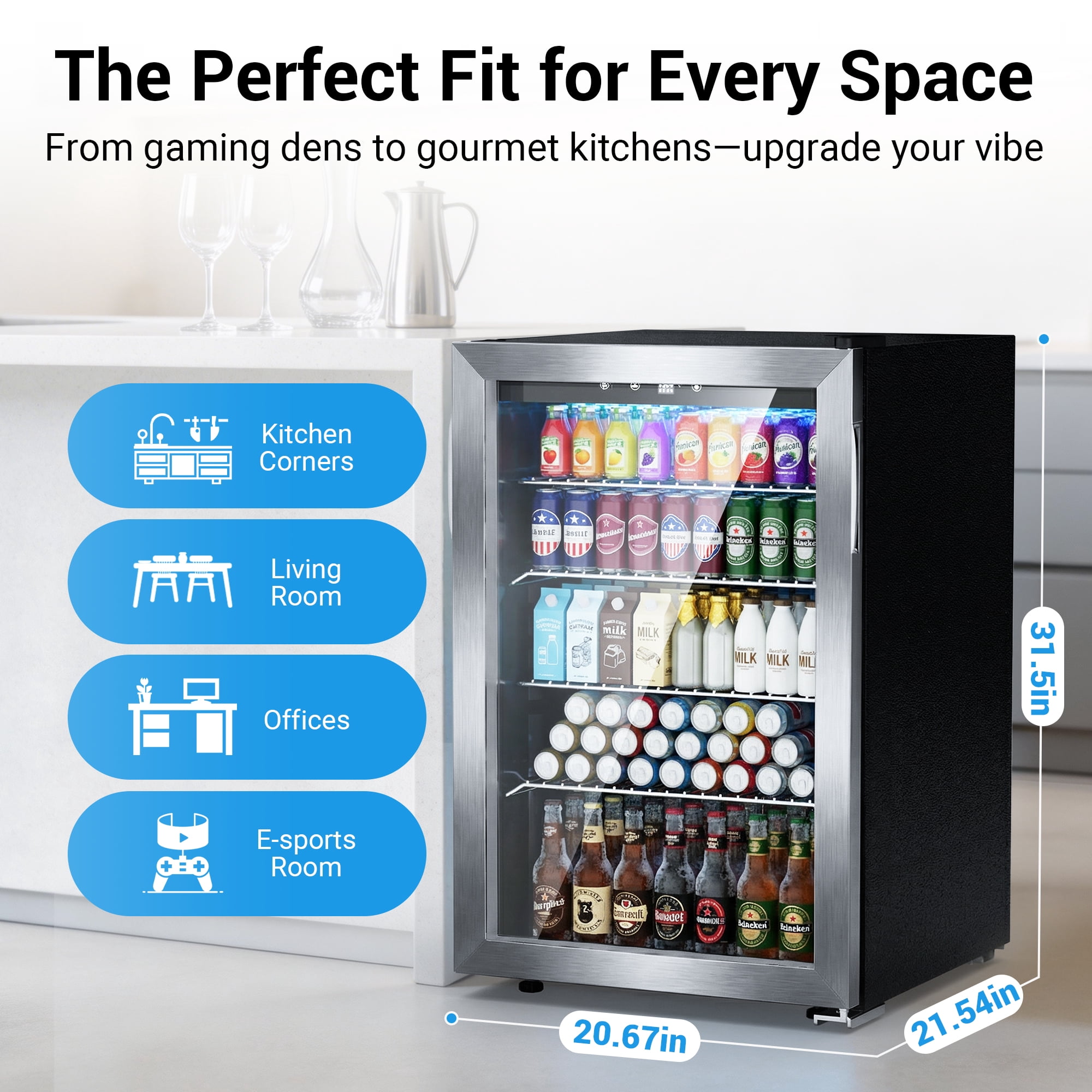 Snowyermine 150 Can Beverage Refrigerator and Cooler with Glass Door for Home, 20.67 in W, 31.4 in H, Silver
