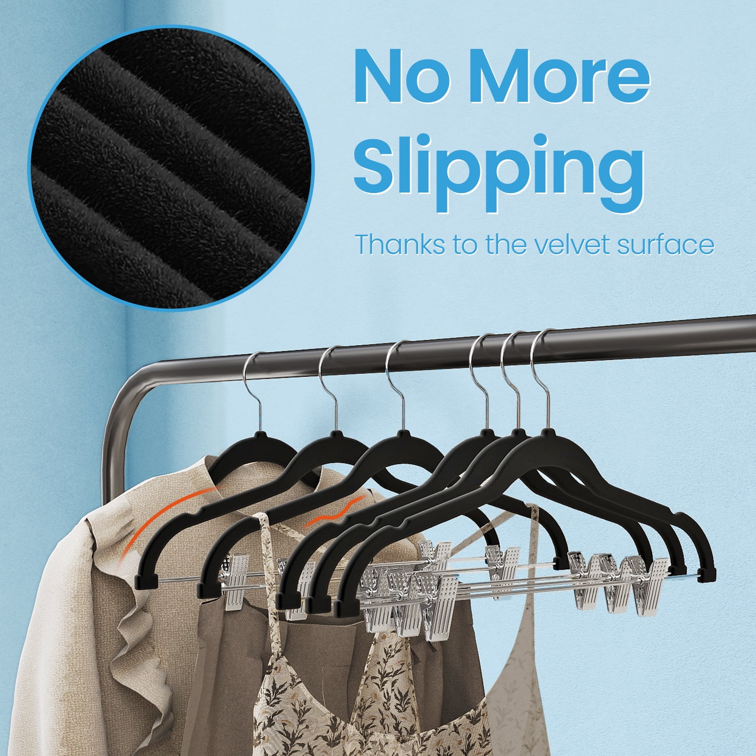 LEDREM 30-Pack Adjustable Velvet Hangers, Heavy-Duty Non-Slip Skirt Hangers, Pants Hangers with Movable Clips, Space-Saving for Dresses & Coats, Black