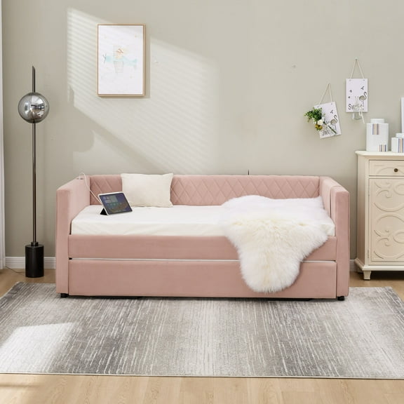 Noble House Pink Velvet Daybed with Trundle, Diamond Grid Upholstery, Wooden Frame, Modern Living Room