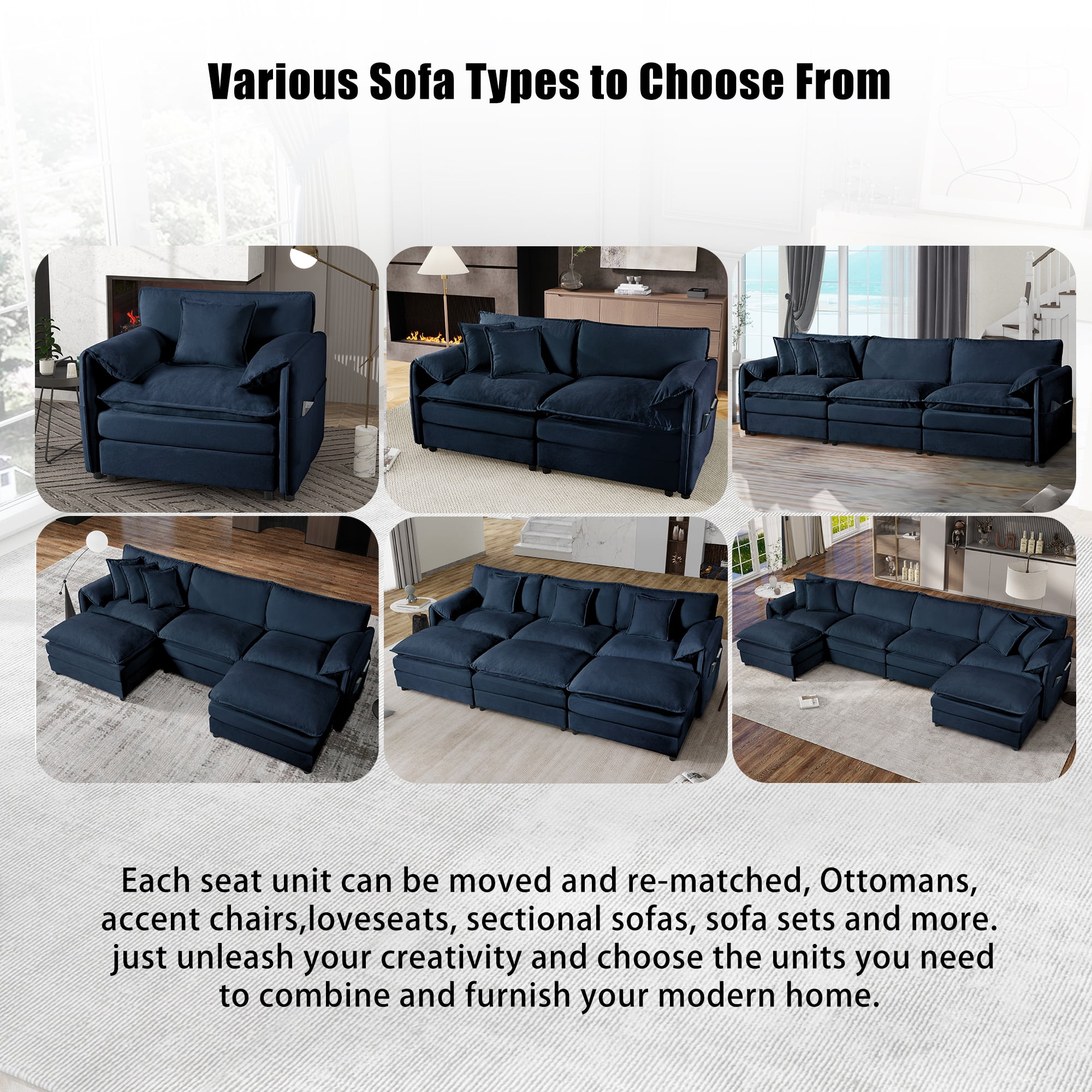 Gewnee Oversized Deep Seat Luxury 2 Piece Sofa Set, 2 Pieces of Loveseat Sofa, Modern DIY Combination Blue Chenille Comfy Cloud Couches Set for Living Room