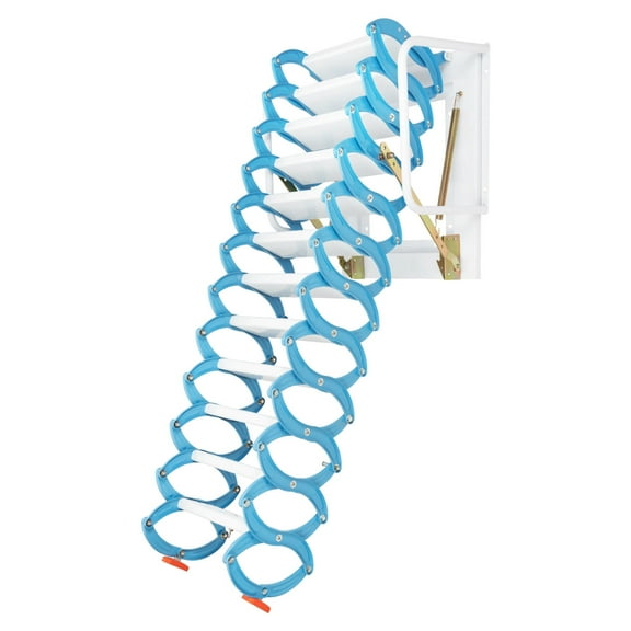 Telescopic Attic Ladder with Armrests,12-Steps 9.5-10.17ft Wall-Mounted Folding Stairs for Attic, Roofs, Basements, Warehouses Blue