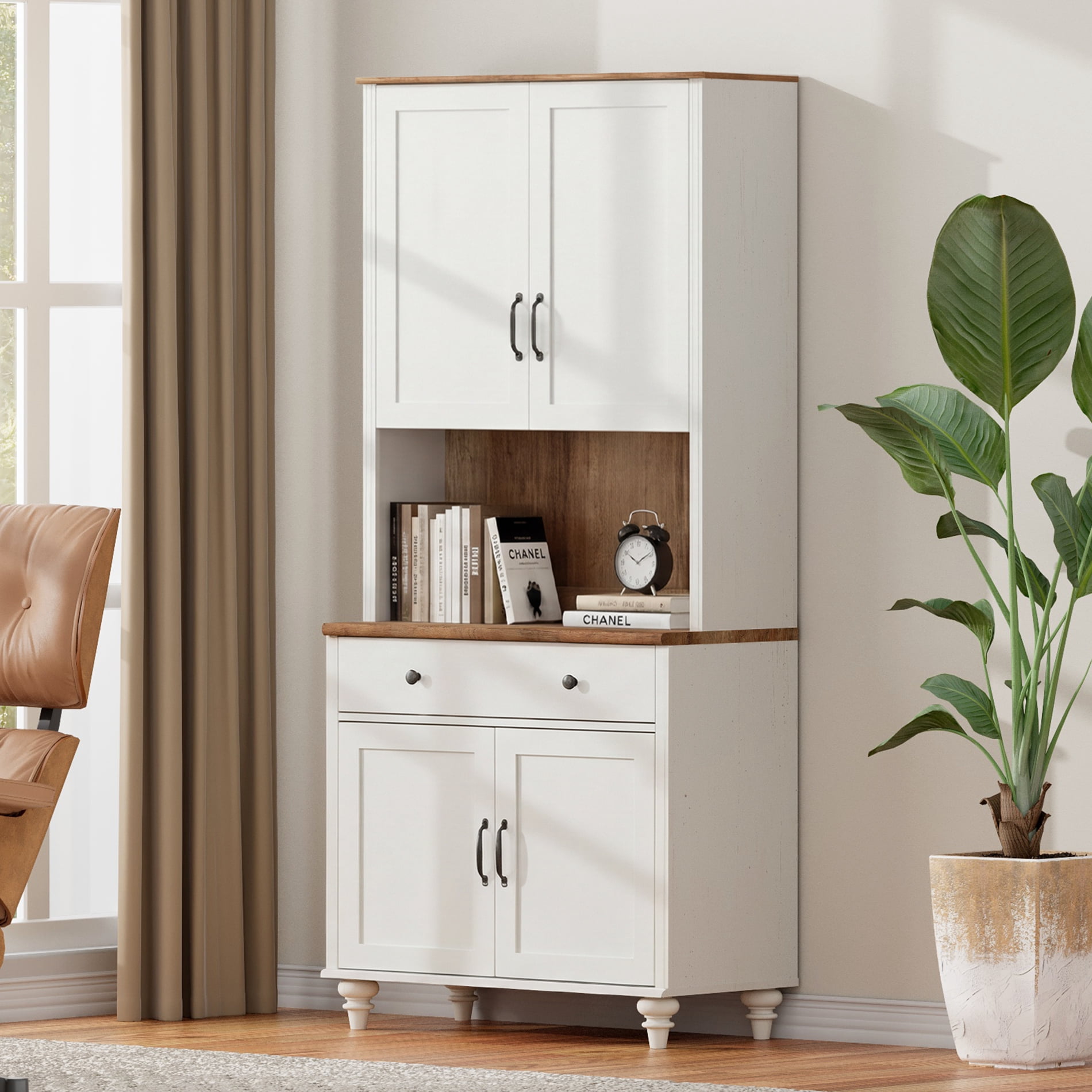 White Farmhouse Bookcase, Bookshelf with Ample Storage Cabinet, Library Wooden Bookshelves for Living Room, Office, Study Room