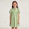 thumbnail image 5 of hengsof Girls Button Short Sleeve Turn Down Collar Dress Fashion Bow Rhinestone Princess Dress Backless Bow Summer Dress for Kids 4-16 Years, 5 of 6