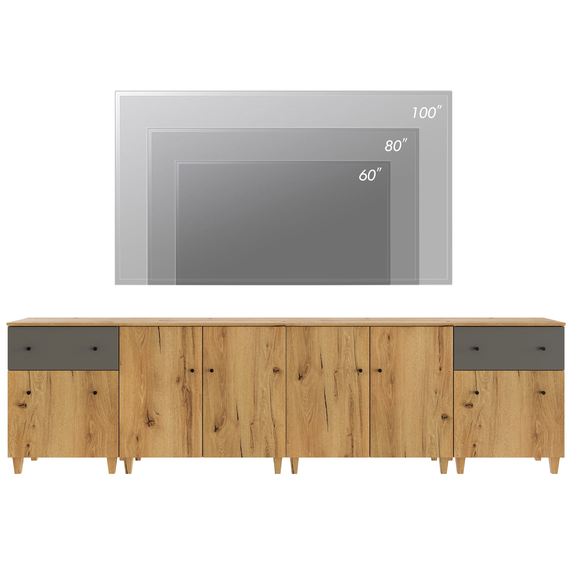 WAMPAT Wide TV Stand for 110+ Inches TVs, 4-in-1 Modern Wooden Media Console with 2 Spacious Drawers and 4 Storage Cabinets for Living Room, Oak Brown