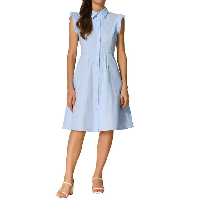 Vestido de camisa para mujer INSPIRE CHIC con mangas cortas, cuello de punta, cinturón en la cintura, botones, vestido midi, color azul claro, talla S