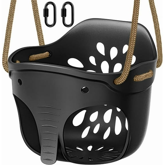 Heavy-Duty High Back Full Bucket Toddler Swing Seat with Locking Carabiners and Adjustable Rope, Cute Elephant Shape Design, 600LB Weight Limit (Bucket Swing, Black)