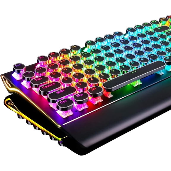 S108 Typewriter Keyboard, Retro Mechanical Gaming Keyboard Wired 108 Keys with RGB Backlit Sidelight, Detachable Wrist Rest, Round Keycaps Blue Switches - Black