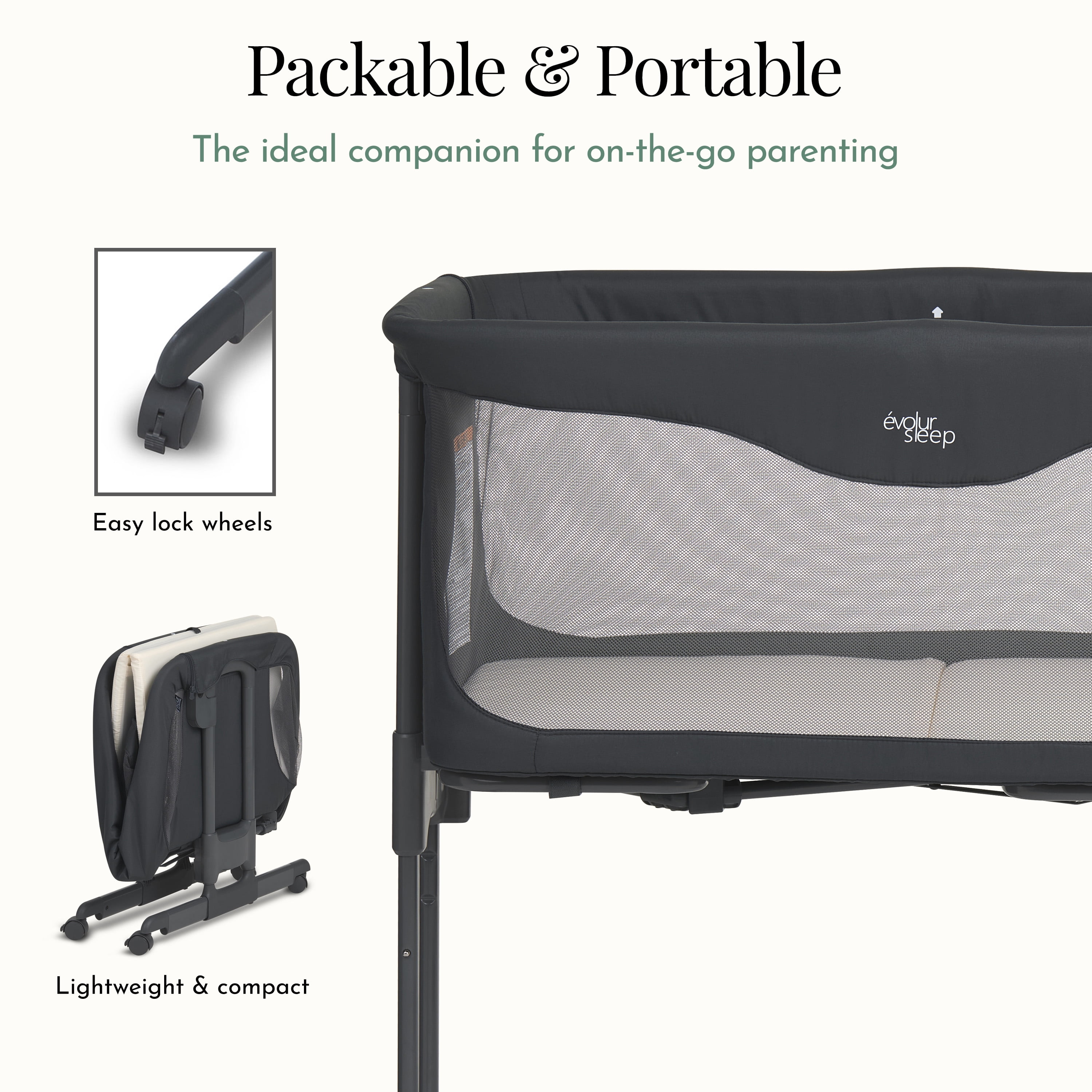 Evolur Kinsley Quickfold Portable Bassinet, Dark Gray